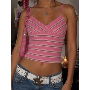 Y2K Copper Key Pink Green Striped Racerback Babydoll Cropped Cami Sz M Indie